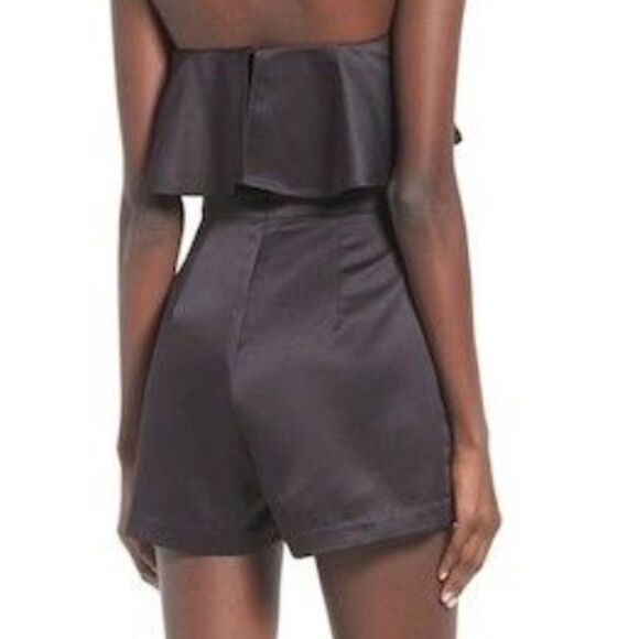 J.o.a. Black Satin Sleeveless Shorts Romper w/Ruffle Neckline NWT Size Small - Picture 4 of 5